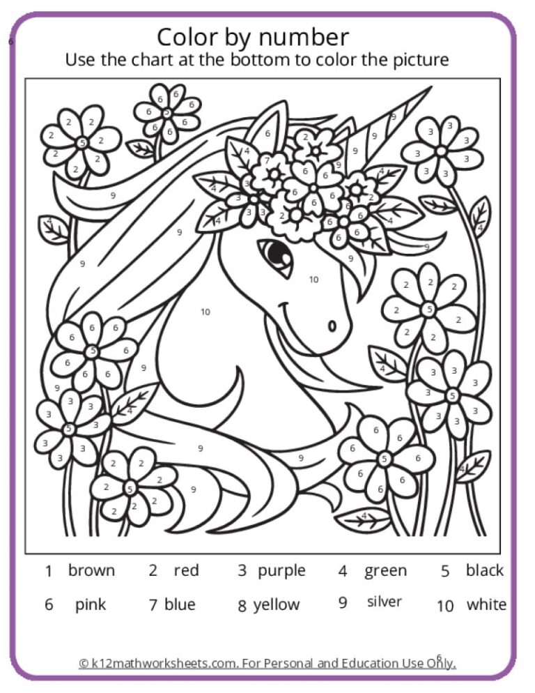 Unicorn Color By Number Pages K12 Math Worksheets
