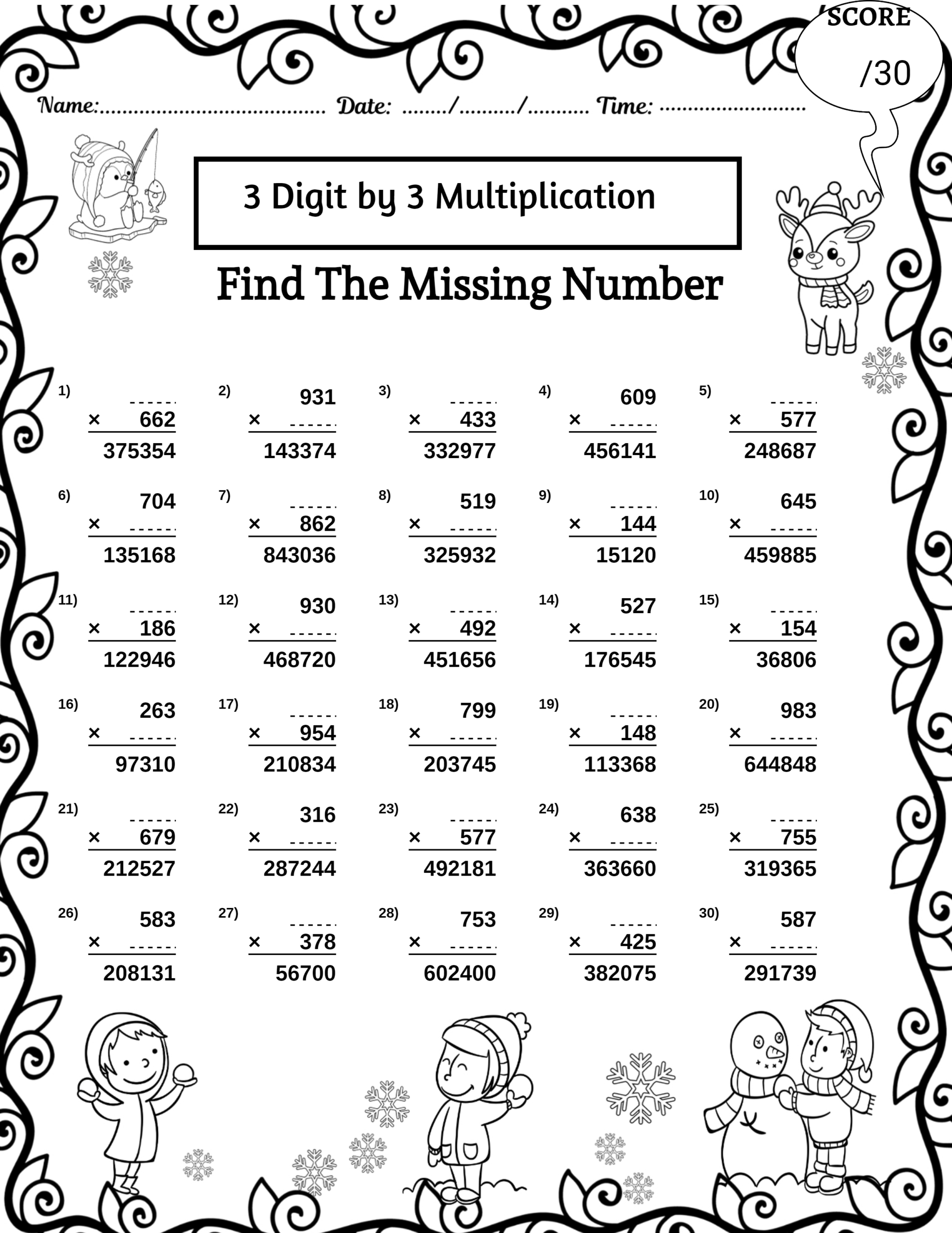 Winter 3 Digit By 3 Digit Multiplication Worksheets Missing Numbers Worksheets Made By Teachers