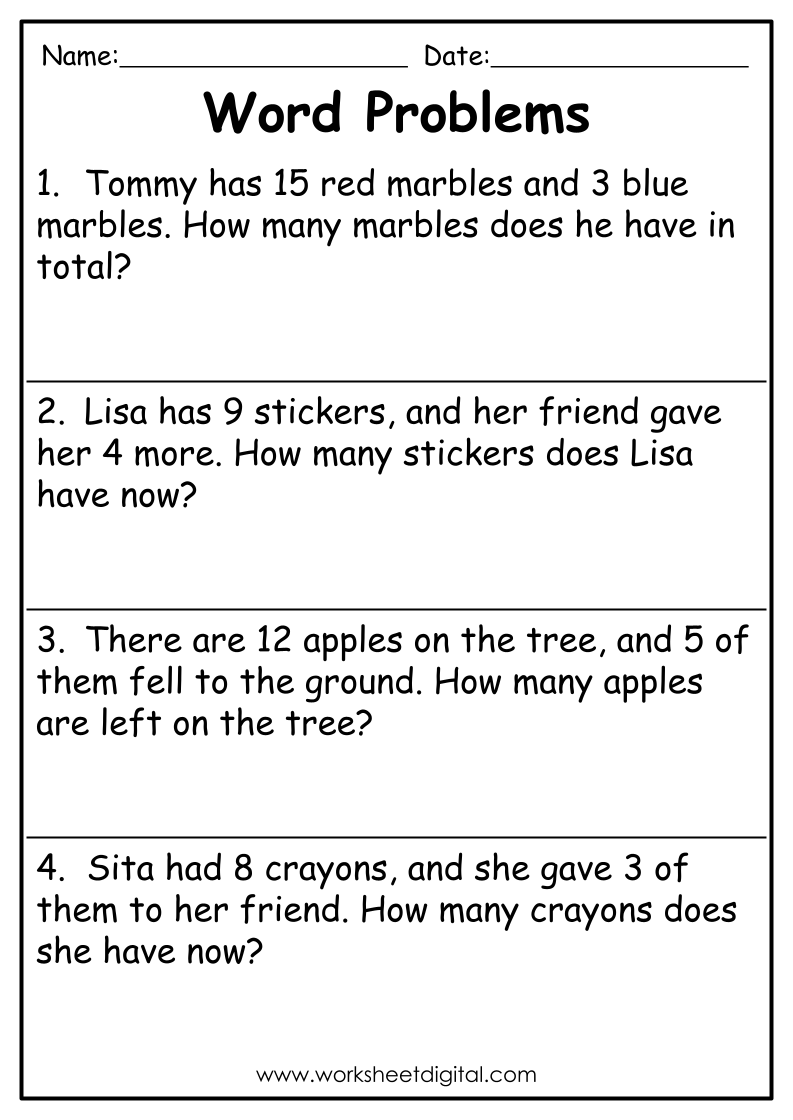 Word Problems Grade 1 Worksheet Digital Worksheets Library