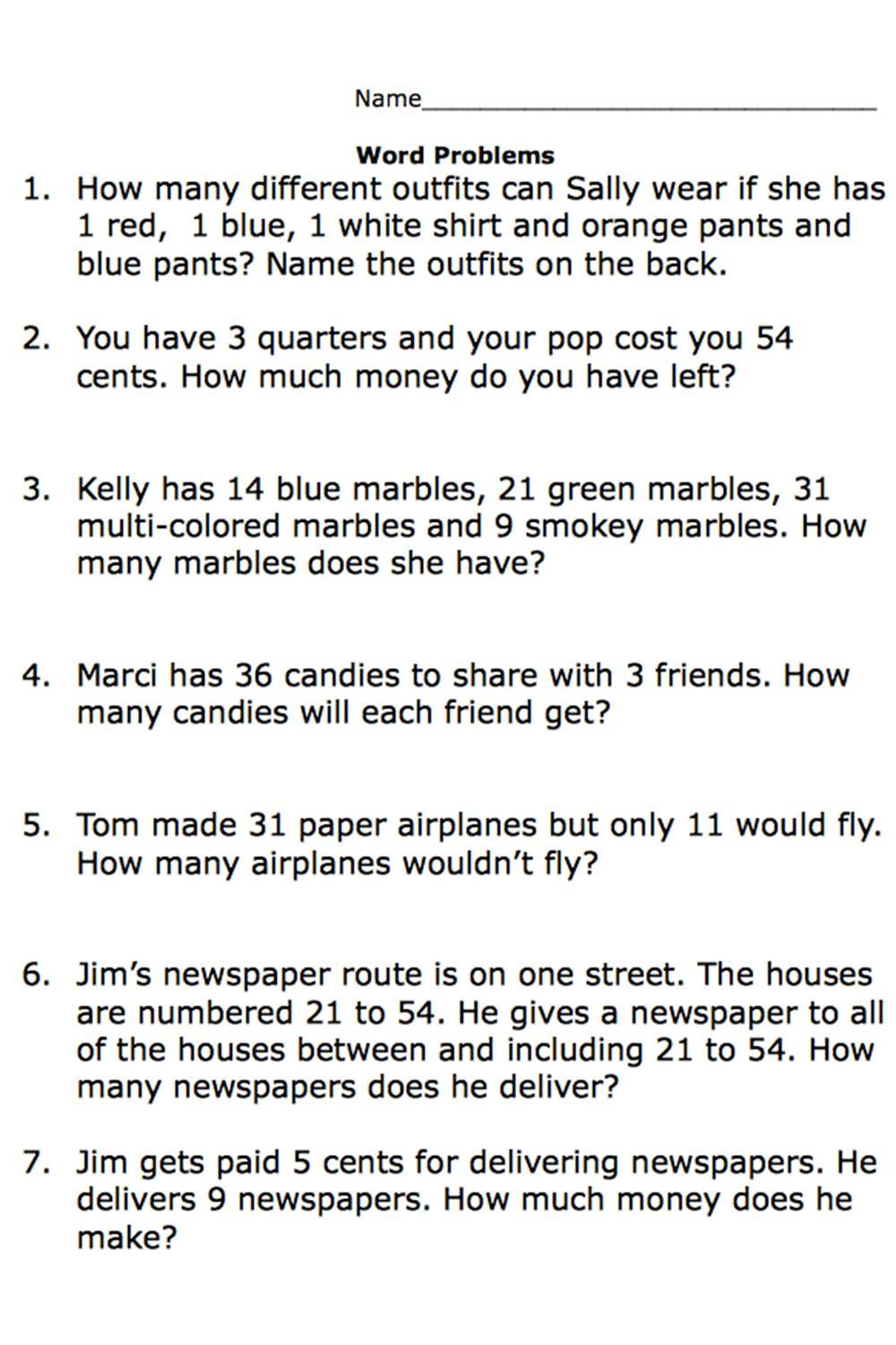 Word Problems Worksheets Library