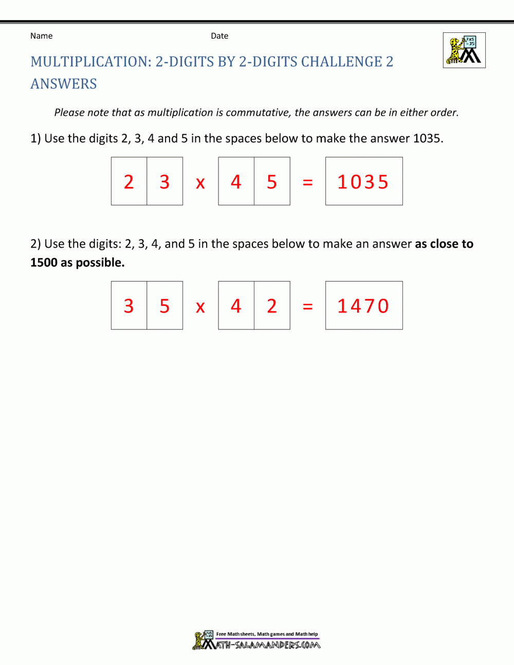 2 Digit Multiplication Worksheet