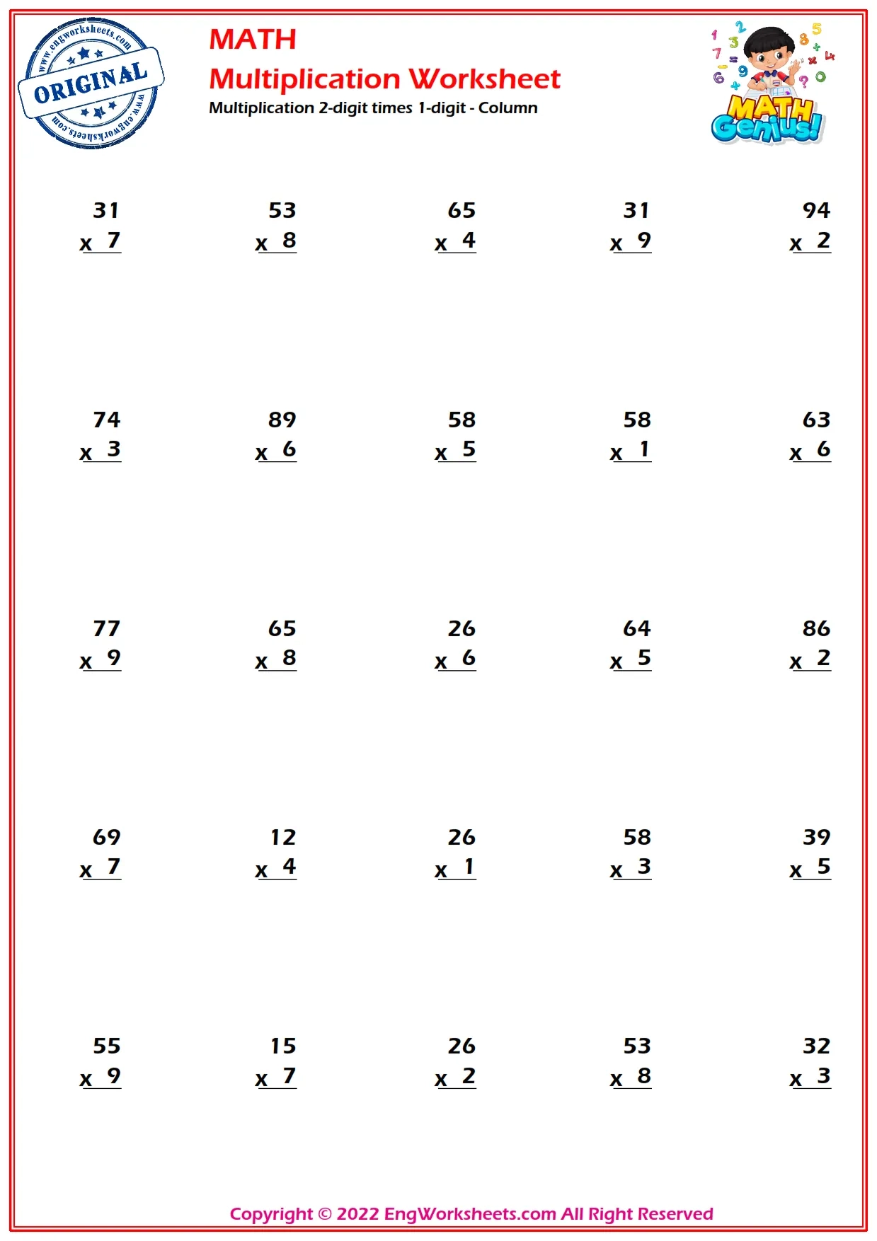 2 Digit Times 1 Digits Worksheets Free PDF EngWorksheets