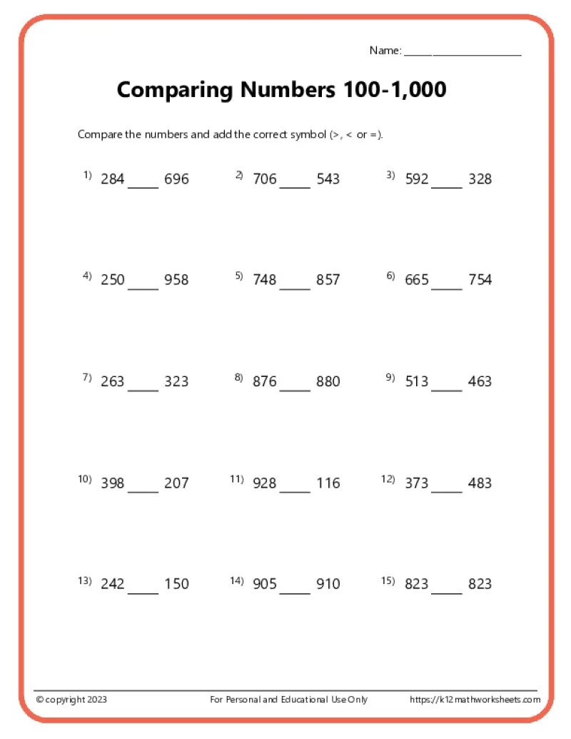 free math comparing numbers worksheet