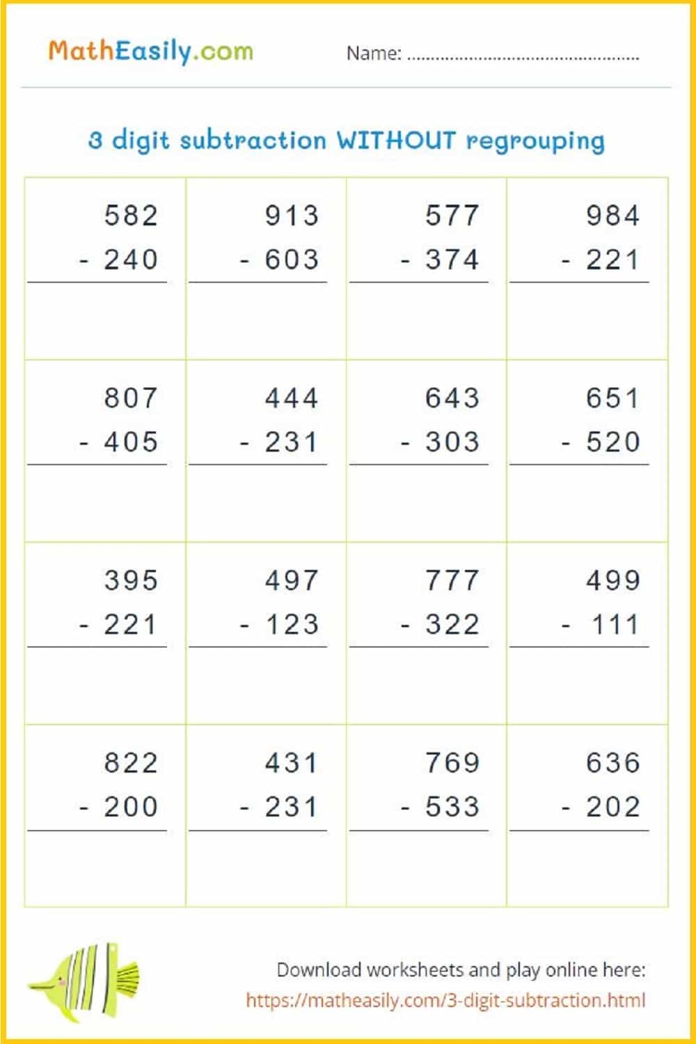3 digit subtraction worksheets