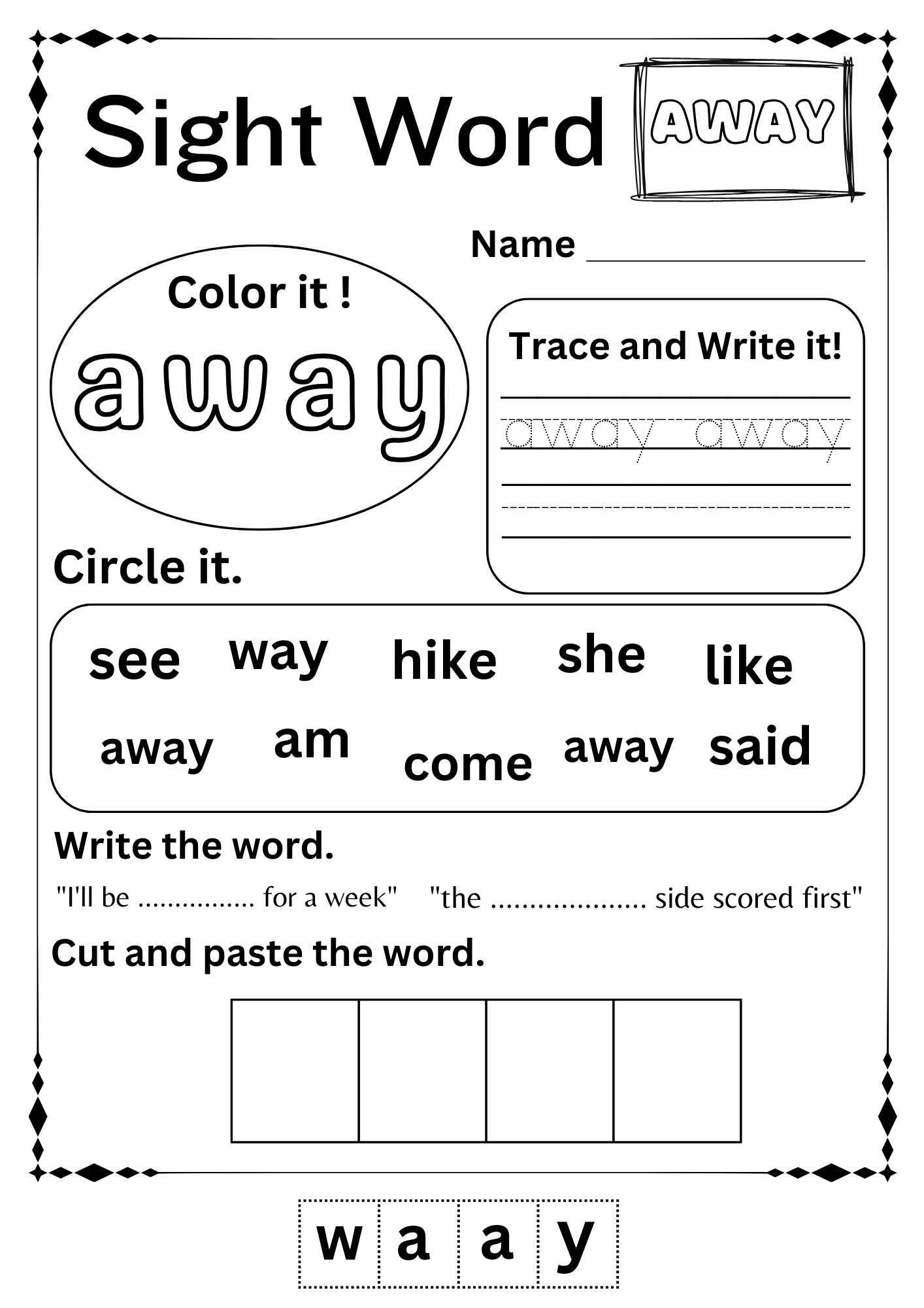 printable sight words for kindergarten