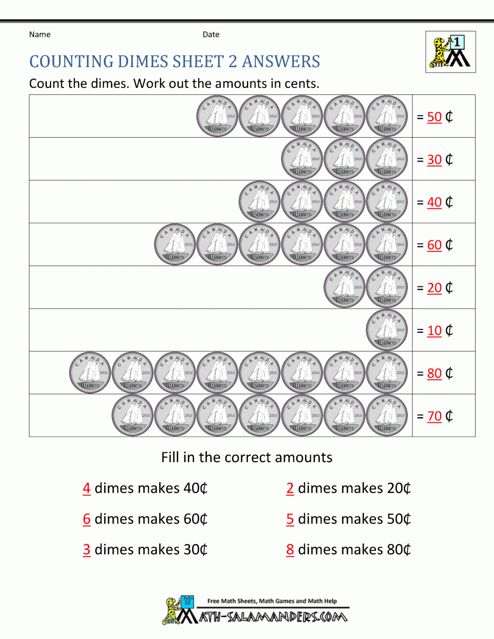 counting dimes worksheet