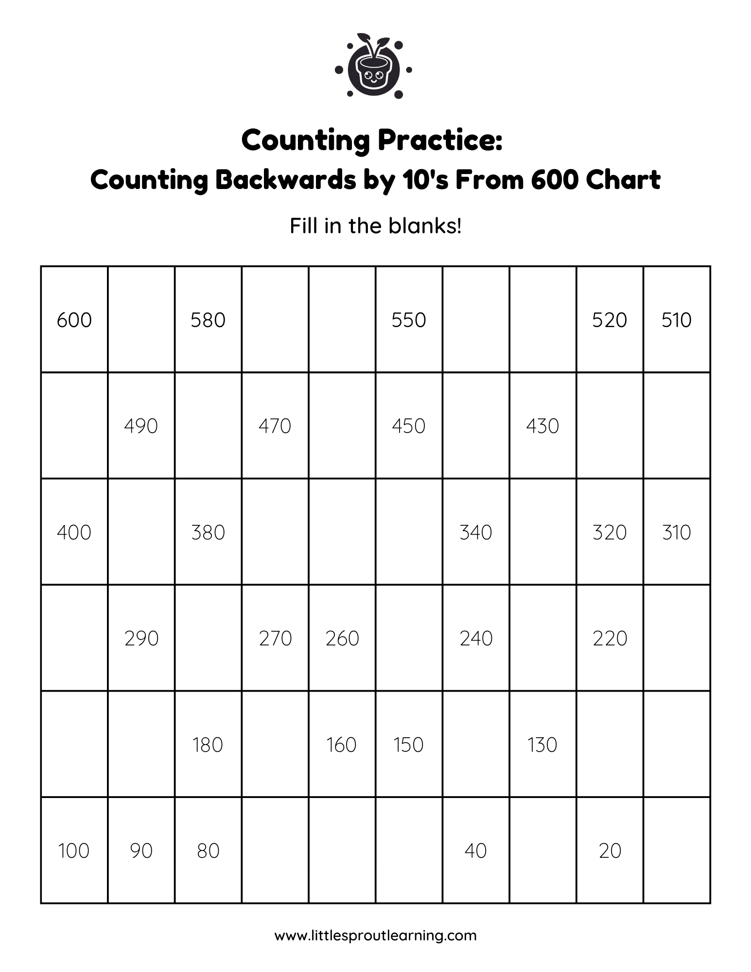 counting back worksheets