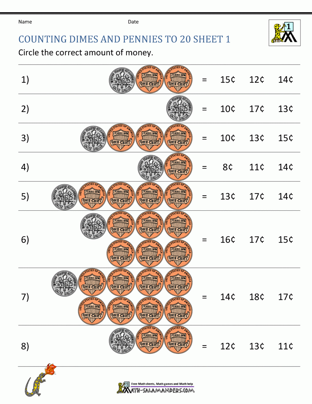 Counting Dimes And Pennies Up To 20 Sheet 1