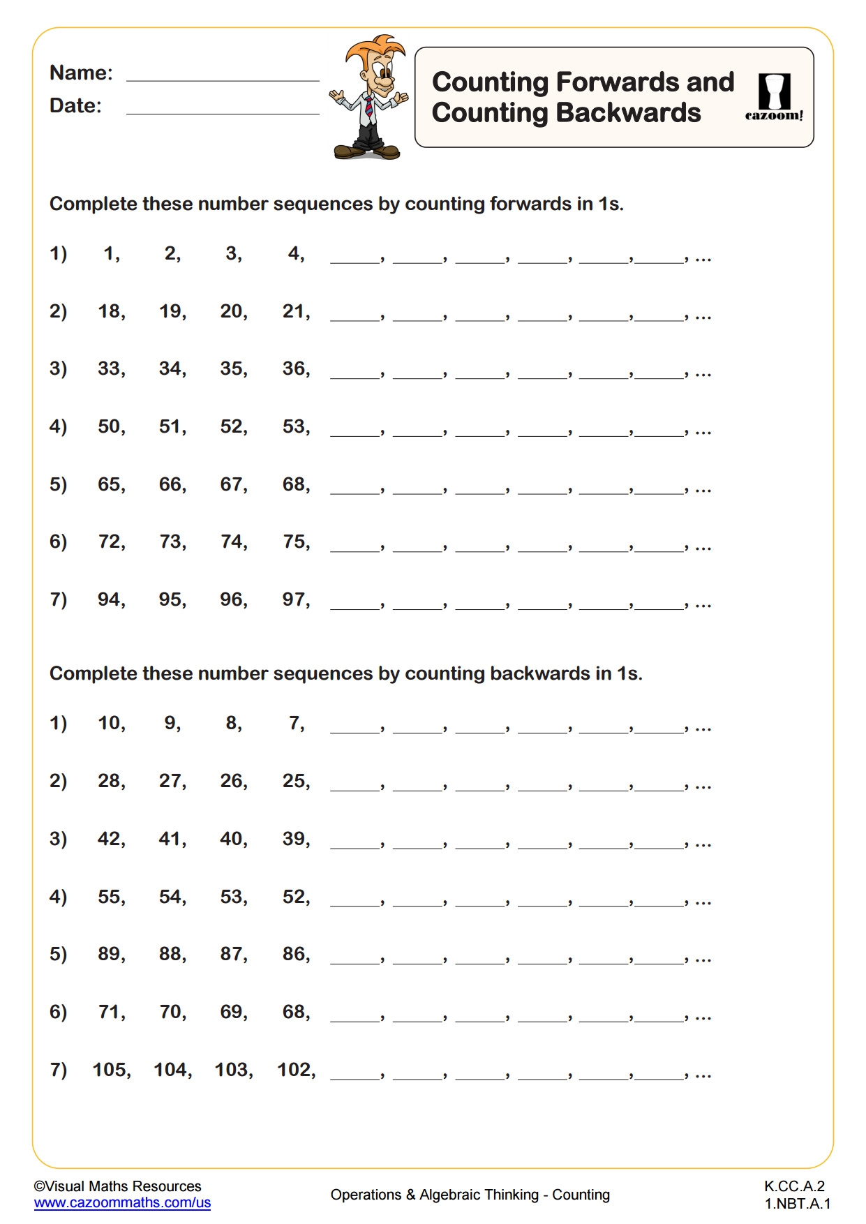 Counting Forwards And Counting Backwards PDF Printable Operations And Algebraic Thinking Worksheets