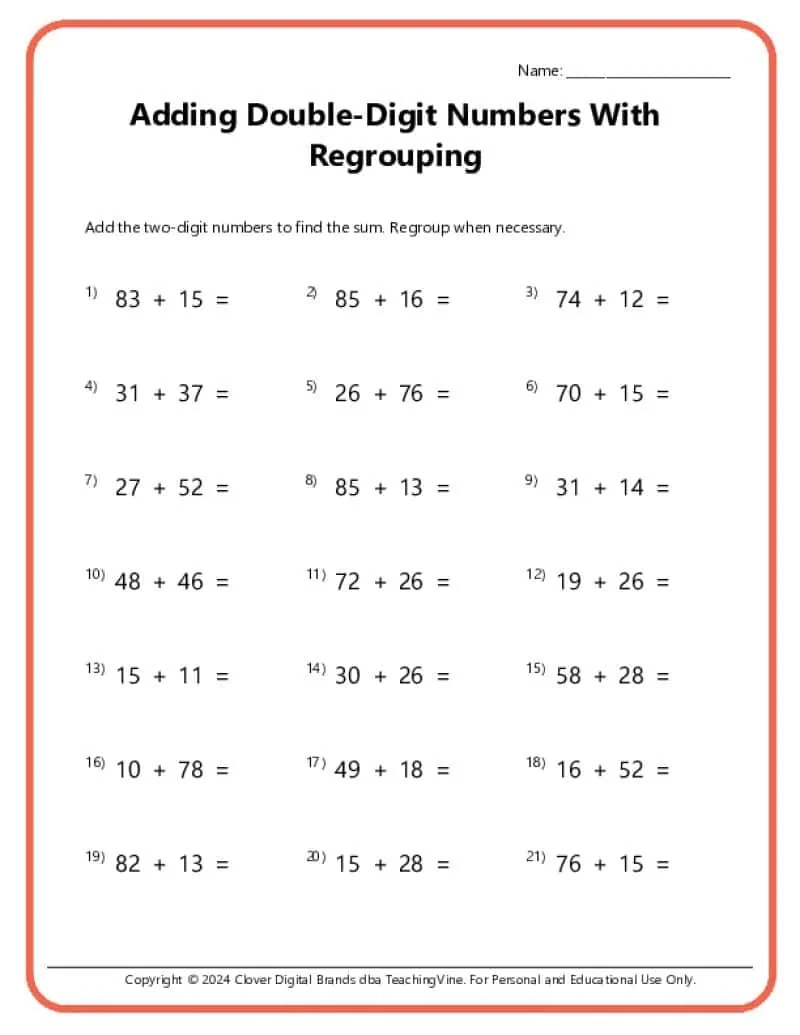 Double Digit Addition With Regrouping Worksheets
