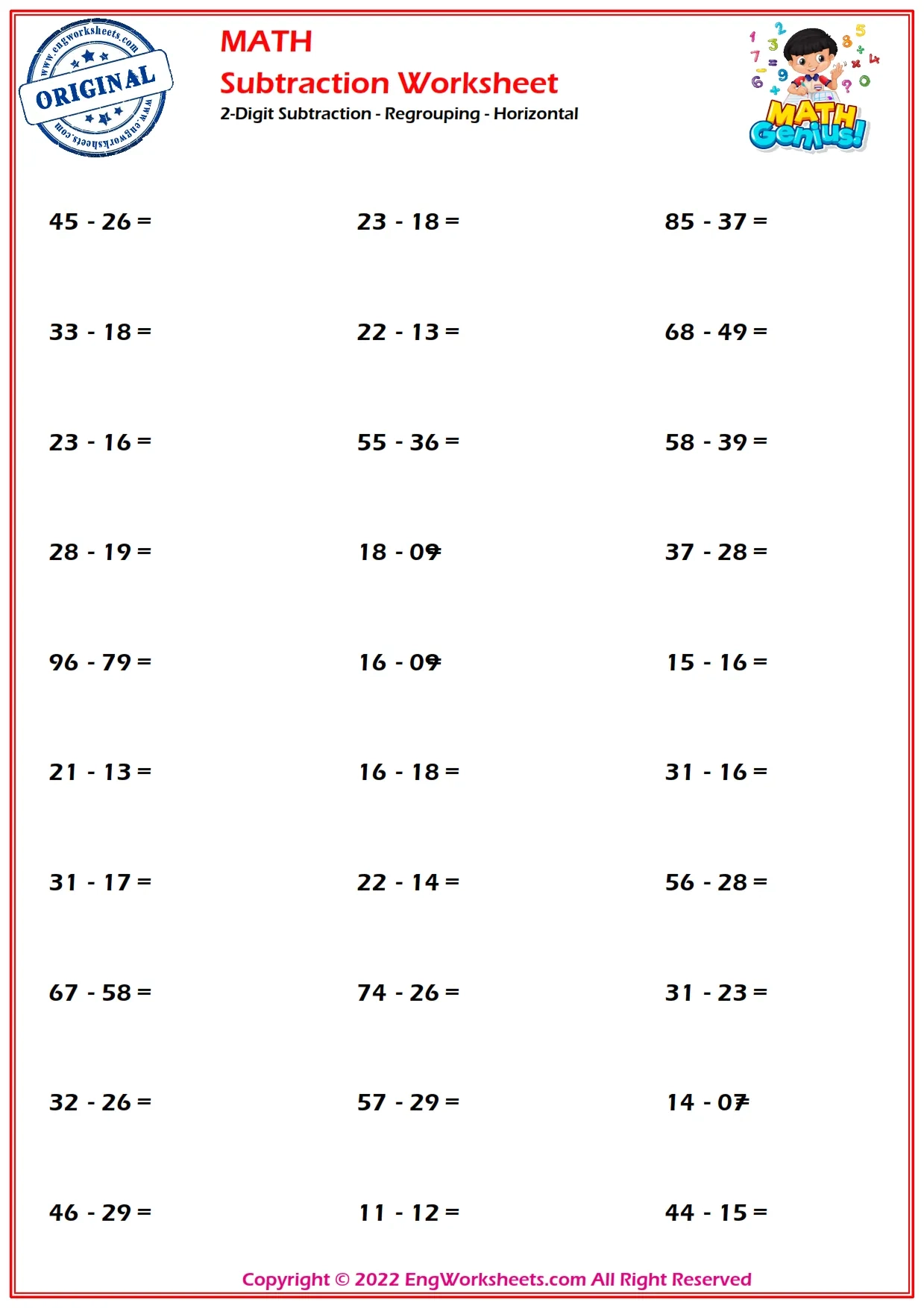two digit subtraction worksheets