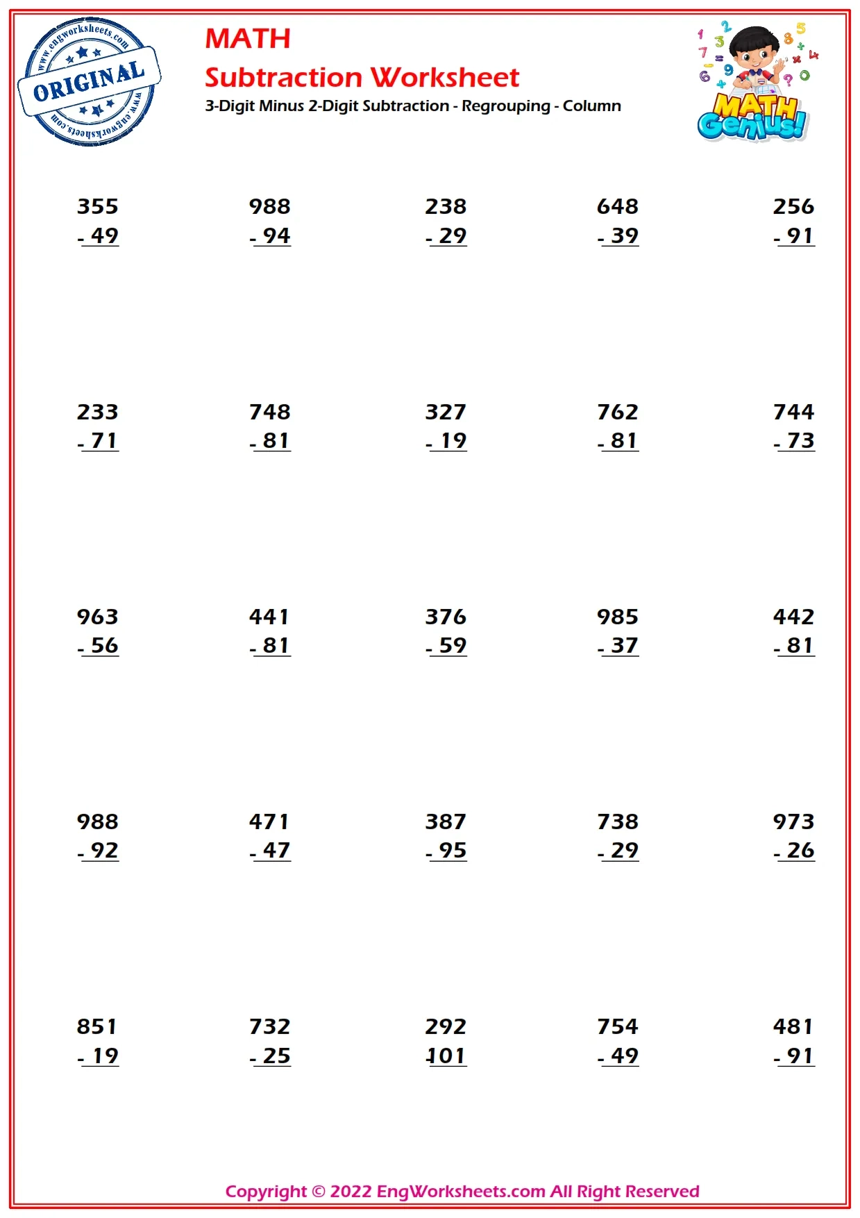 Free Printable 3 Digits Subtraction Worksheets PDF EngWorksheets