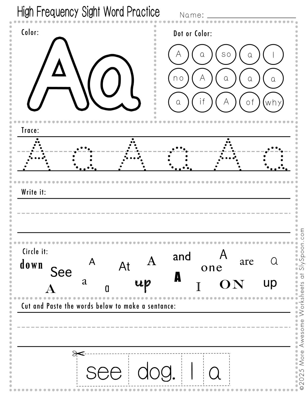 Free Printable A Sight Word Worksheets For Kindergarten First Grade Sly Spoon