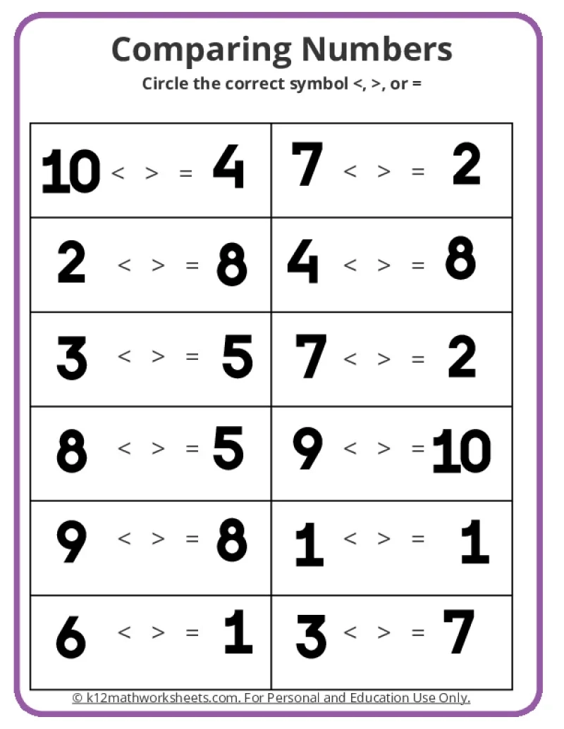 Kindergarten Comparing Numbers Worksheets