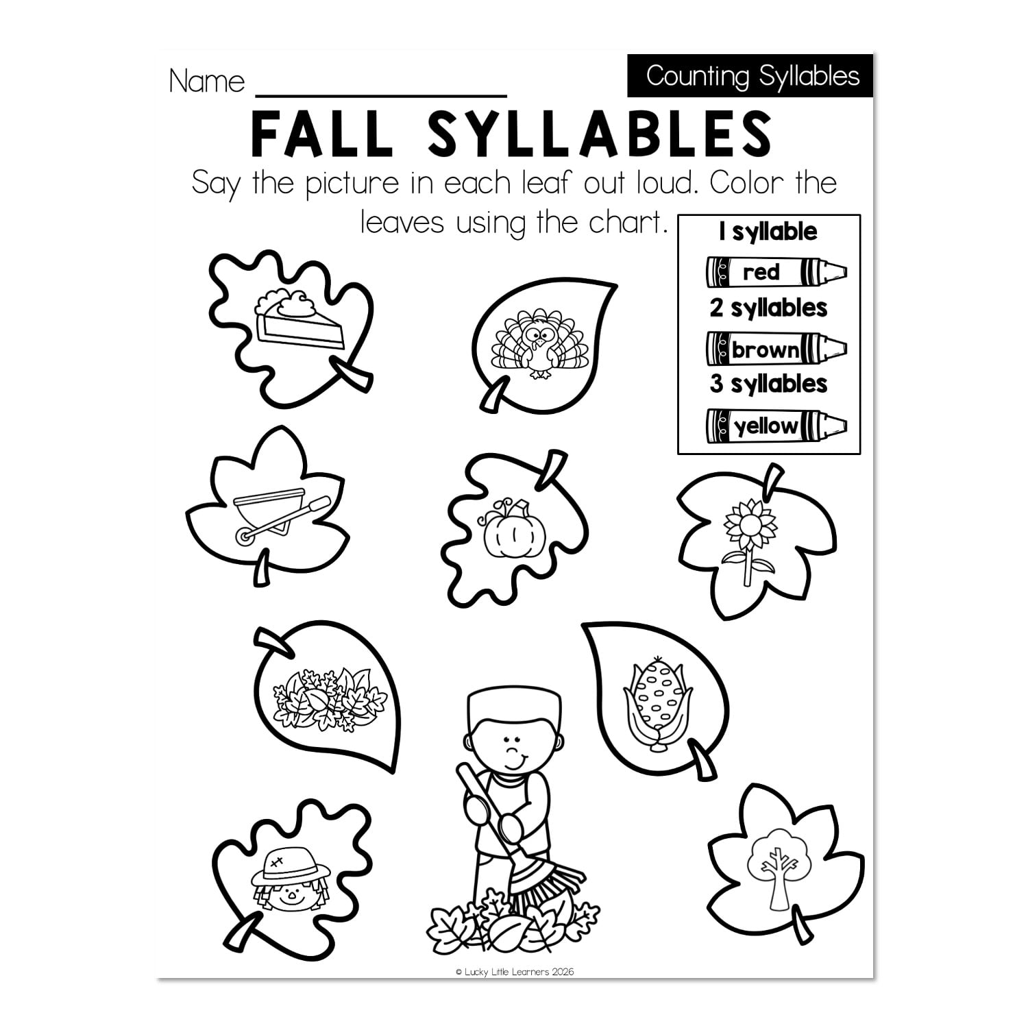 Kindergarten Monthly Worksheets November Syllables Fall Syllables Lucky Little Learners