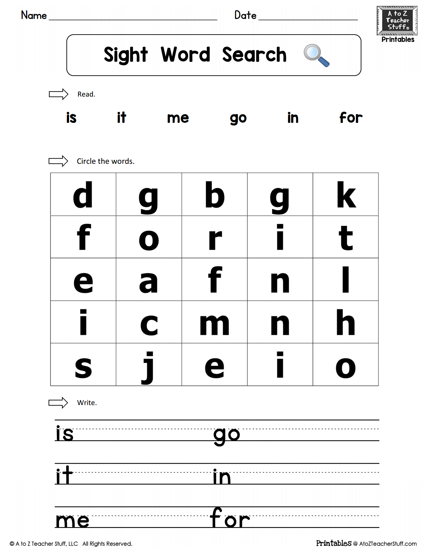 Sight Words Practice Word Search Is It Me Go In For A To Z Teacher Stuff