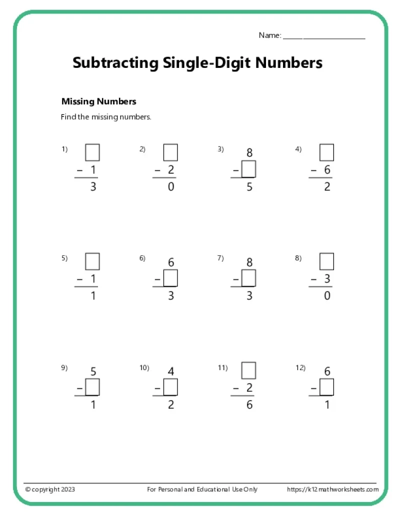 Single Digit Subtraction Worksheets K12 Math Worksheets