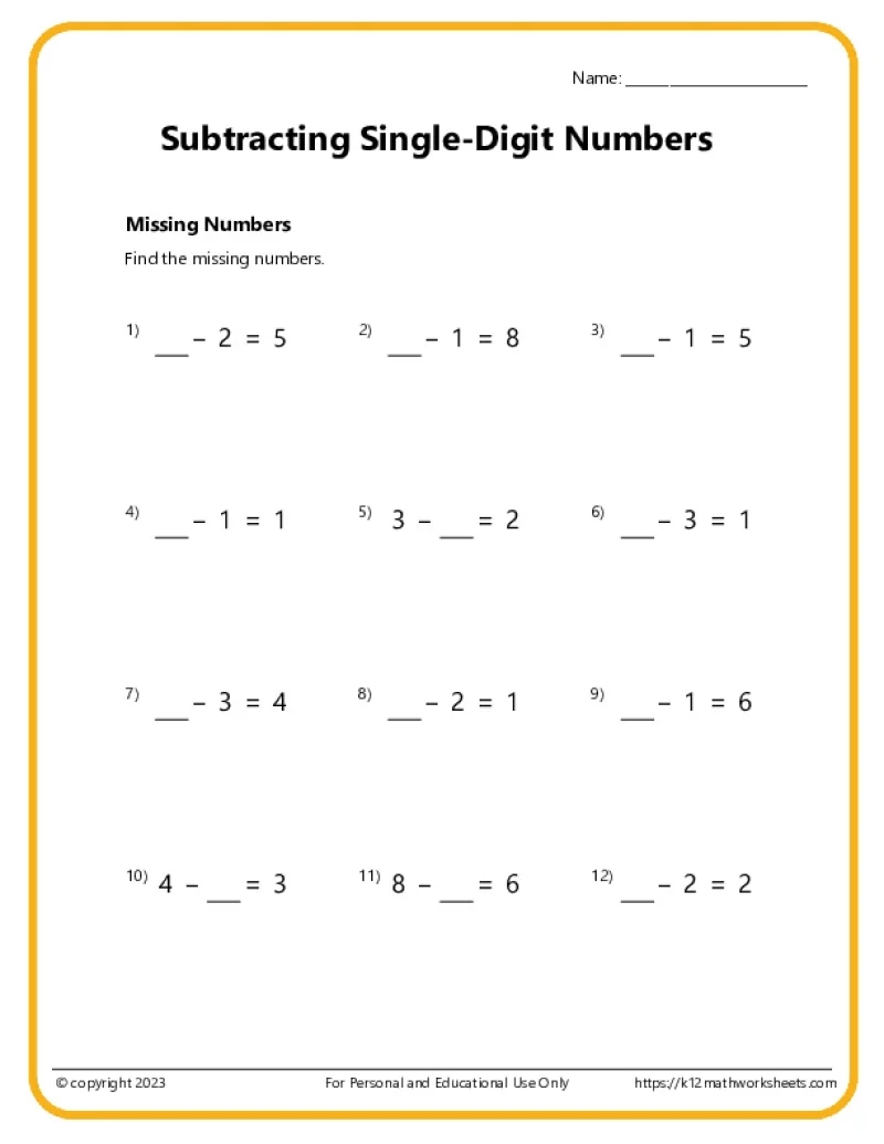 Single Digit Subtraction Worksheets K12 Math Worksheets