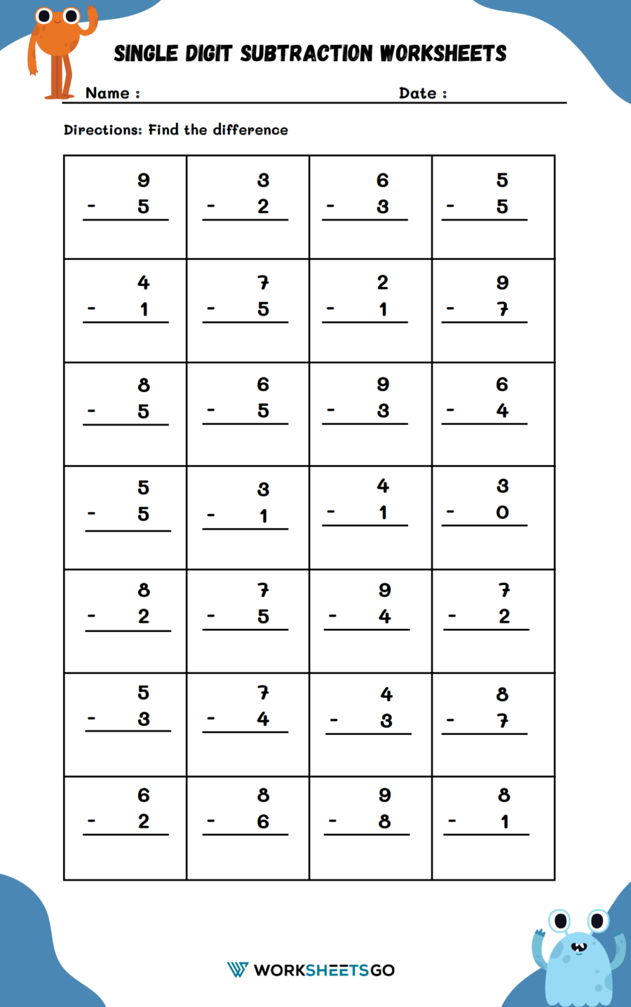 Single Digit Subtraction Worksheets WorksheetsGO