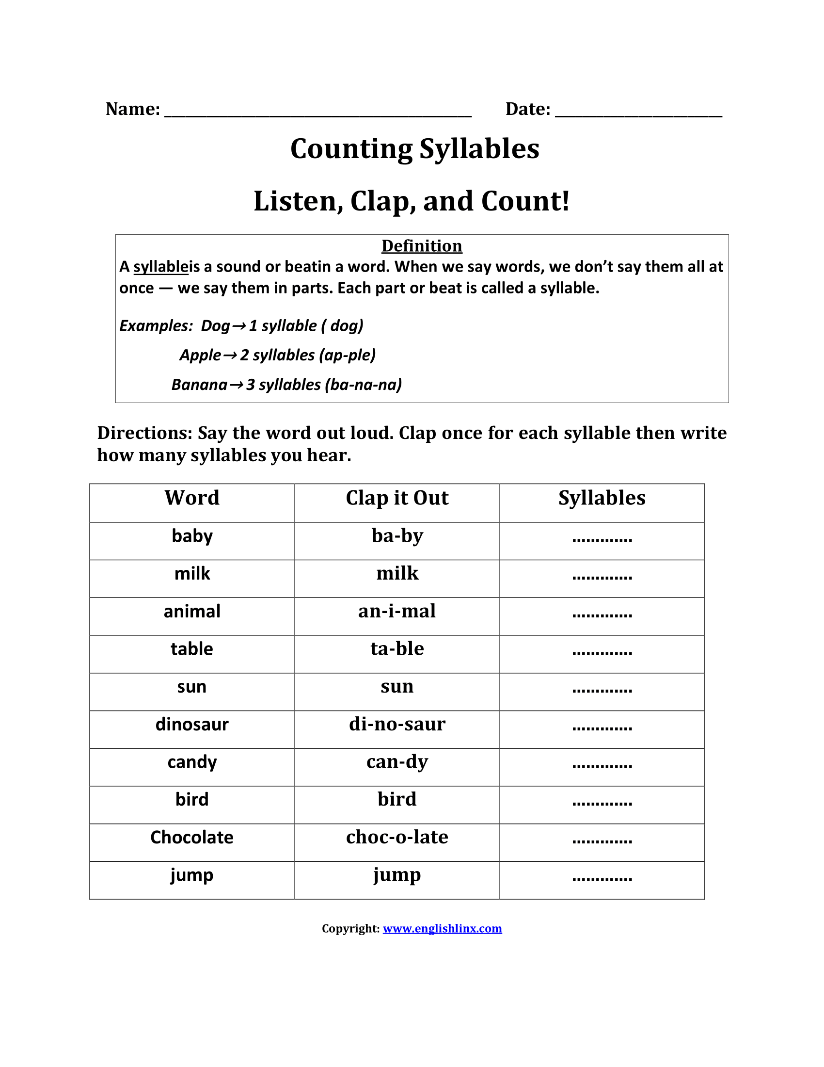 Syllables Worksheets Counting Syllables Listen Worksheet